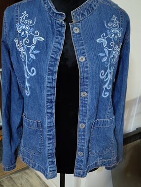 Embroidered Blue Denim Button-Front Jacket